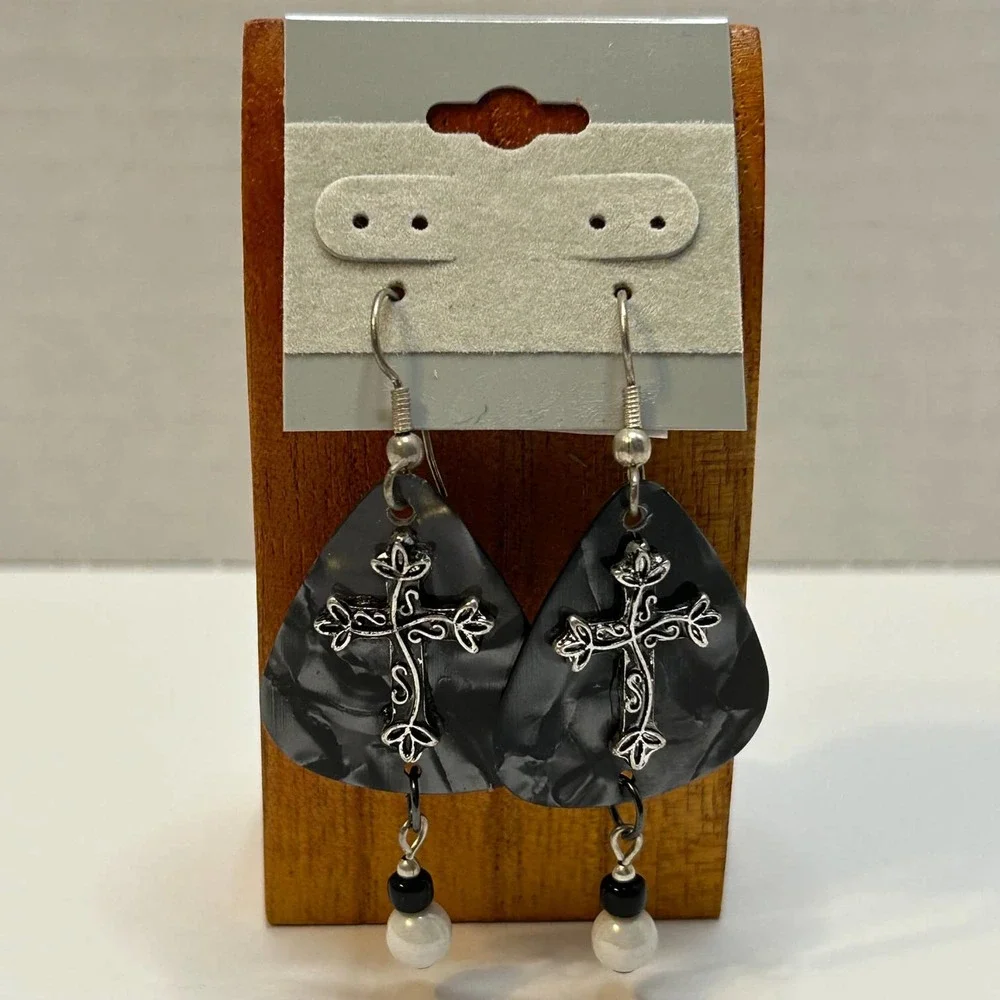 Black and Gray‎ Pearlescent Guitar Pick Earrings Handmade New